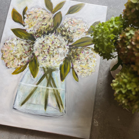 cream hydrangea, green leaves, acrylic painting