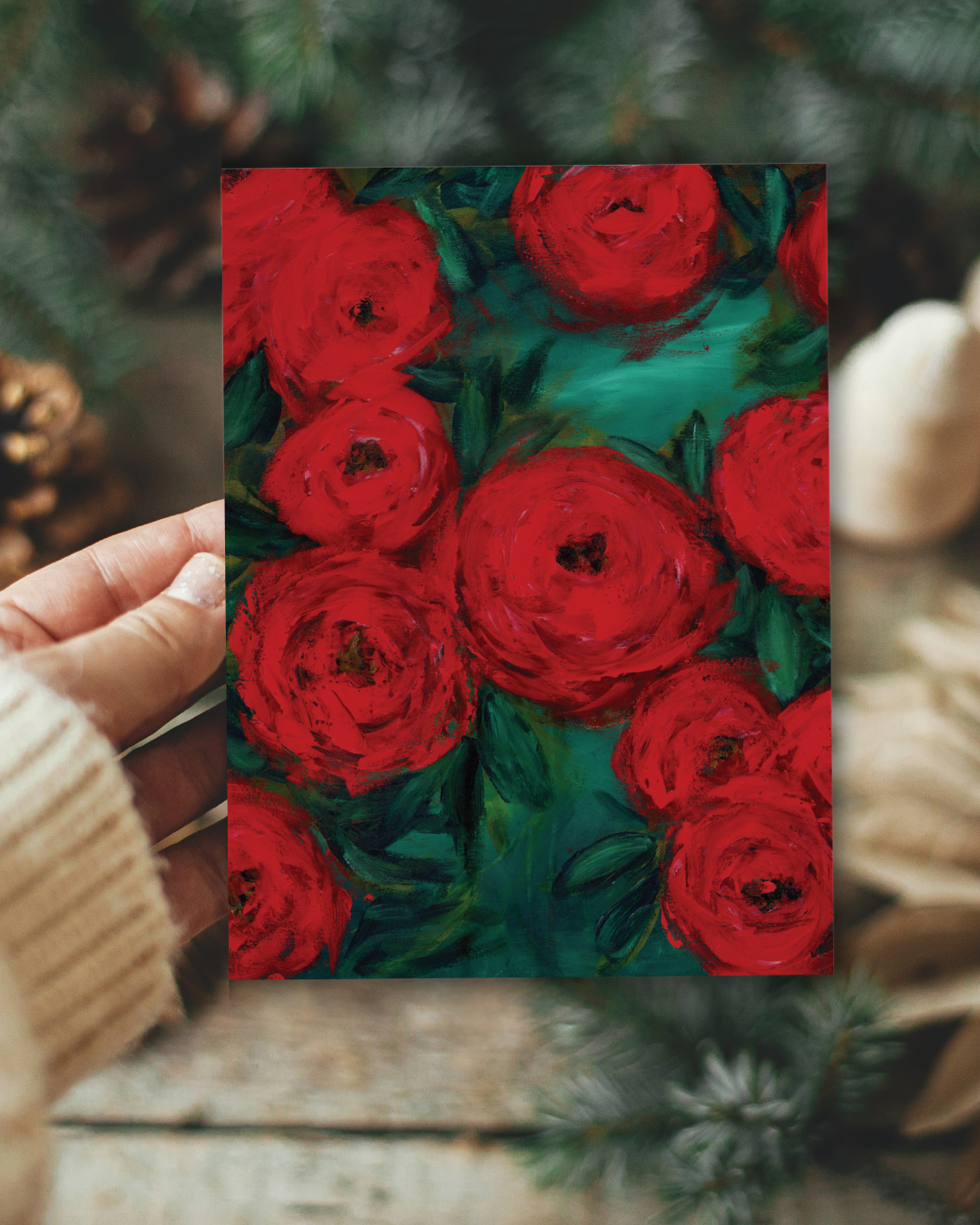 Red Flowers Christmas Card Set