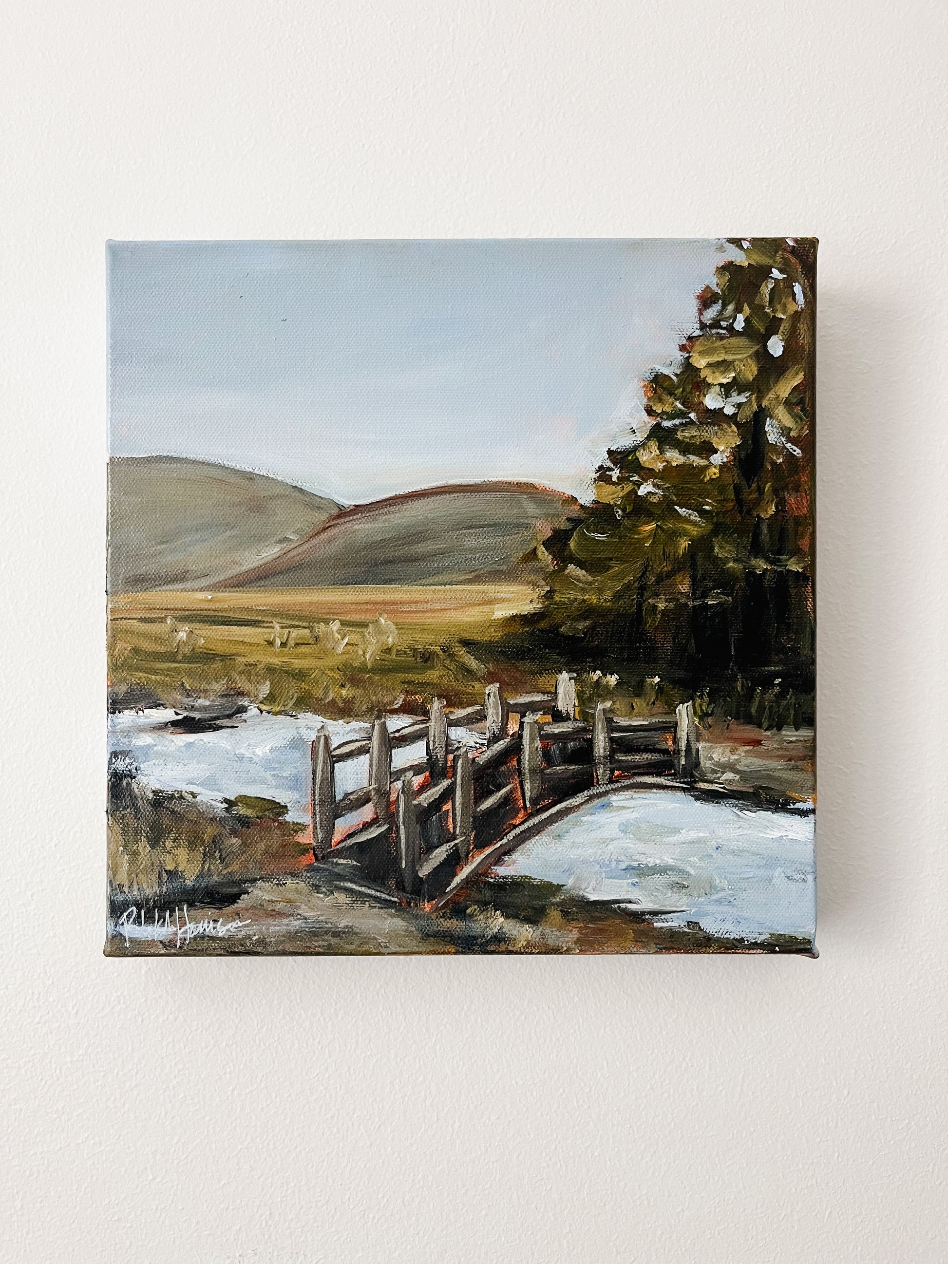 road bridge river creek field warm landscape painting